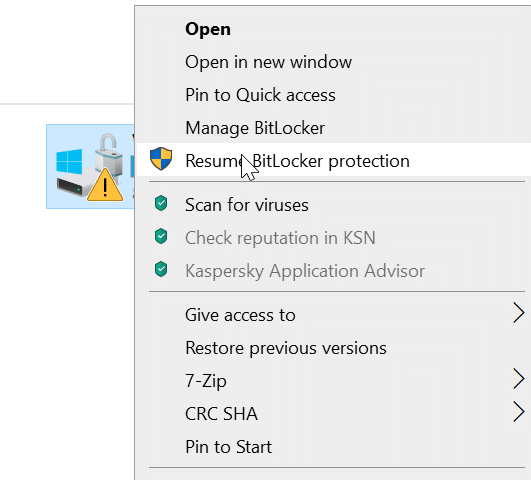 Para retomar a proteção do BitLocker para uma unidade