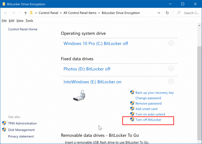 Como desabilitar o BitLocker para uma unidade no Windows 10