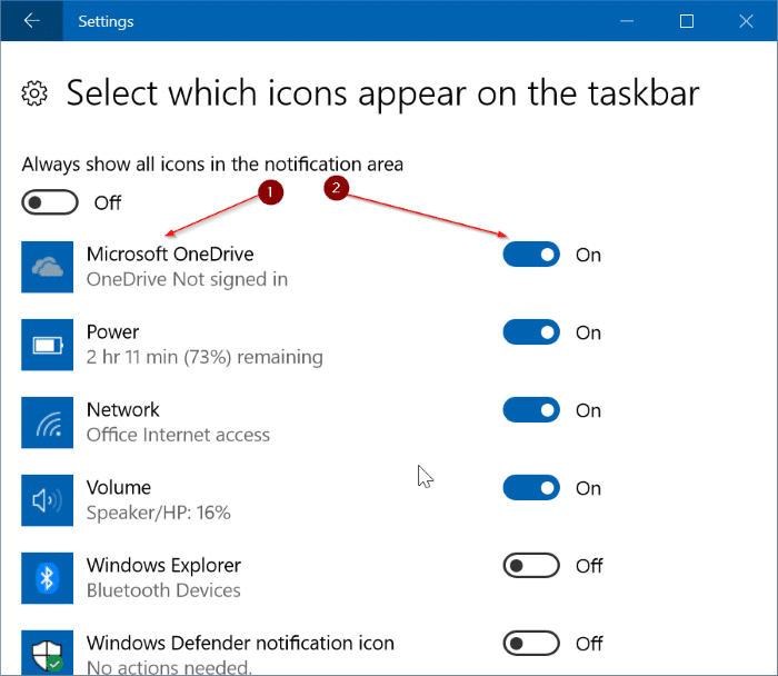 Restaurar o ícone do OneDrive por meio de configurações