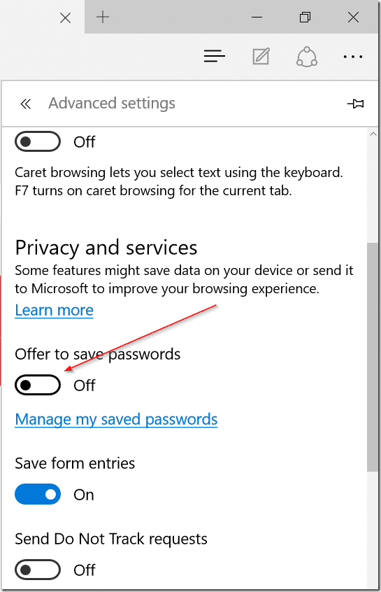 Como impedir que o Edge peça para lembrar senhas 4 Impedir que o Edge peça para lembrar suas senhas no Windows 10