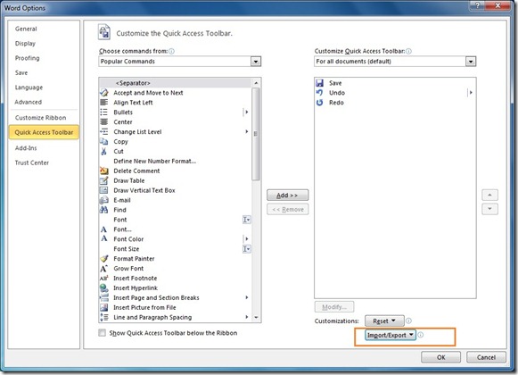 Como importar ou exportar a faixa de opções e personalizações da barra de ferramentas de acesso rápido no Office 2010 3 Como importar ou exportar a faixa de opções e personalizações da barra de ferramentas de acesso rápido no Office 2010