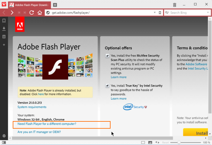Instale o Adobe Flash Player para o navegador Vivaldi