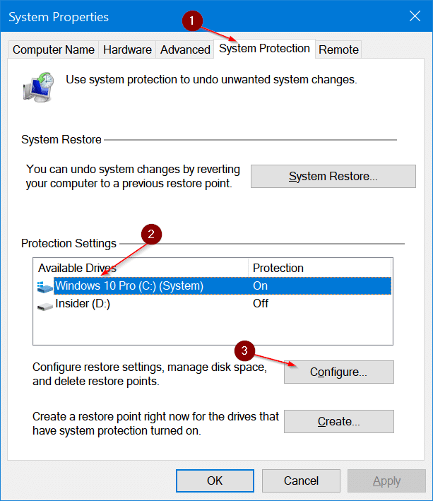 18 maneiras de liberar espaço em disco no Windows 10 4 Desabilitar ou excluir pontos de restauração do sistema