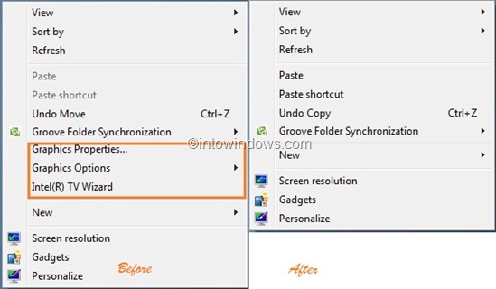 Como remover o menu Intel (propriedades gráficas, opções gráficas e assistente de TV Intel) do menu de contexto da área de trabalho do Windows 7