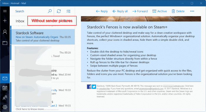 Como ocultar imagens ou iniciais do remetente no aplicativo de email do Windows 10