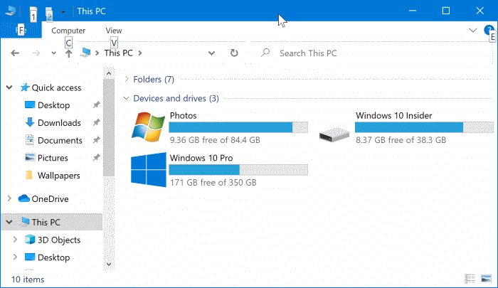 Mostrar ou ocultar a letra da unidade no Windows 10 File Explorer 1 Mostrar ou ocultar a letra da unidade no Windows 10 File Explorer