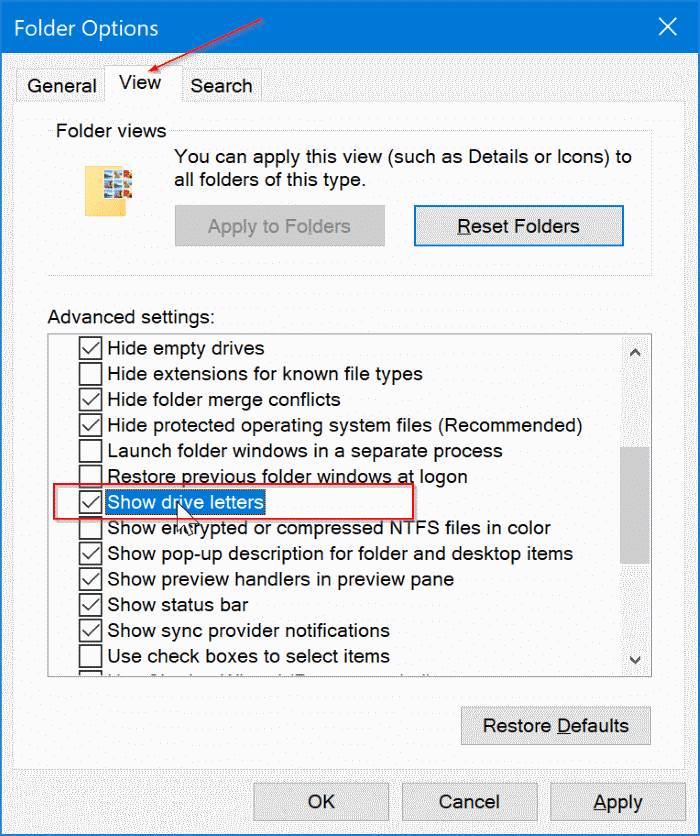 Mostrar ou ocultar a letra da unidade no Windows 10 File Explorer 3 Mostrar ou ocultar a letra da unidade para unidades no Windows 10