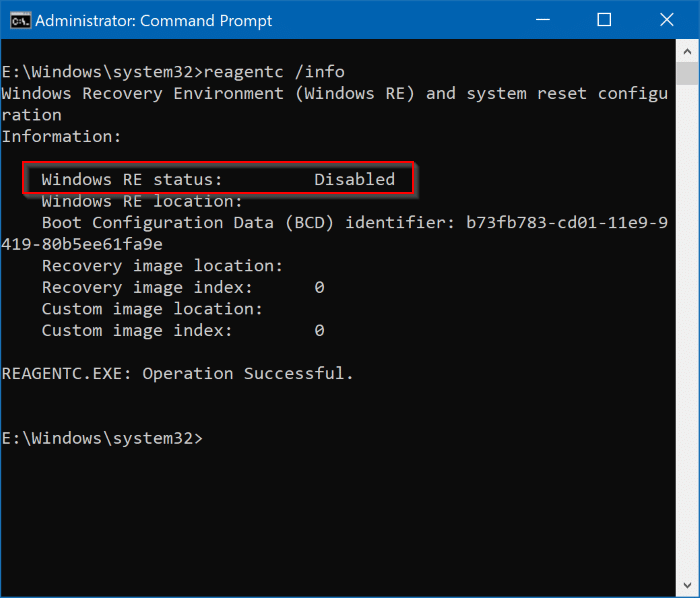Verifique se o ambiente de recuperação do Windows está desabilitado