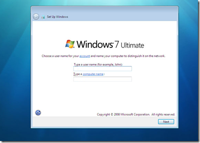 nome do usuário Procedimento de instalação do Windows 7