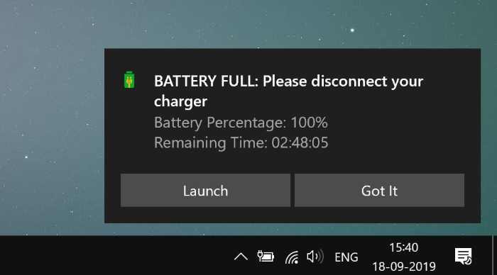 Como obter notificação de bateria cheia no Windows 10 2 Obtenha alerta de bateria cheia usando o Battery Alarm Free