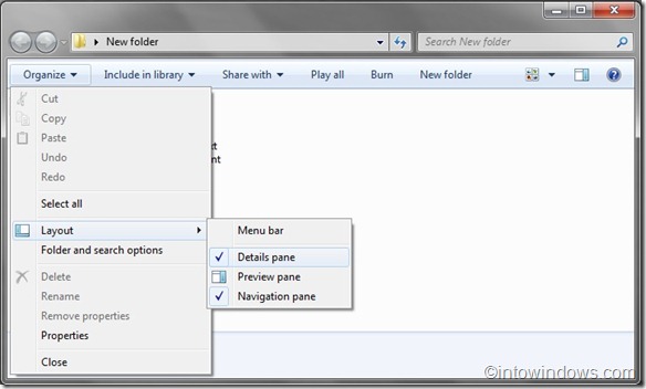 Como ocultar/desativar o painel de navegação (painel esquerdo) e o painel de detalhes no Windows 7 Explorer