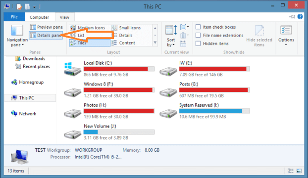 Como mover o painel de detalhes para a parte inferior no Windows 8.1 File Explorer