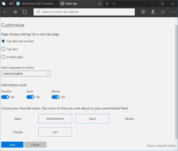 Personalizando a nova página da guia no navegador Edge