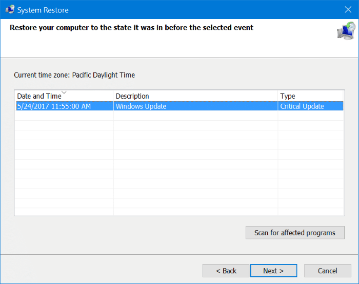 Quando usar as opções de recuperação do Windows 10 2 Ponto de restauração do sistema