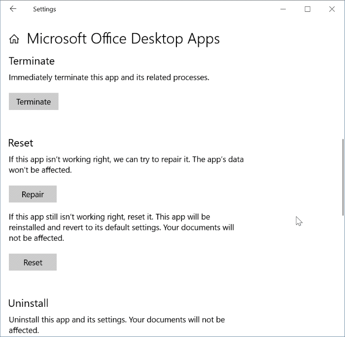 Redefinir e reparar aplicativos individuais do Office 365 no Windows 10 5 Redefinir todo o Word/Excel/PowerPoint de uma só vez no Windows 10
