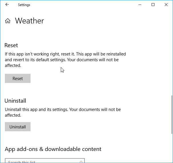 Redefinir/reinstalar o aplicativo Weather no Windows 10