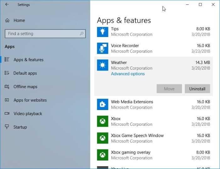 Desinstalando manualmente o Weather e depois instalando