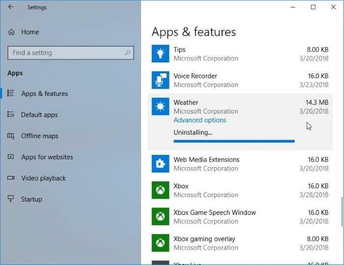 Desinstalando manualmente o Weather e depois instalando