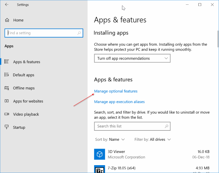 Como reduzir o tamanho do armazenamento reservado no Windows 10 2 Desinstalar recursos opcionais