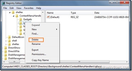 Como remover o menu Intel (propriedades gráficas, opções gráficas e assistente de TV Intel) do menu de contexto da área de trabalho do Windows 7