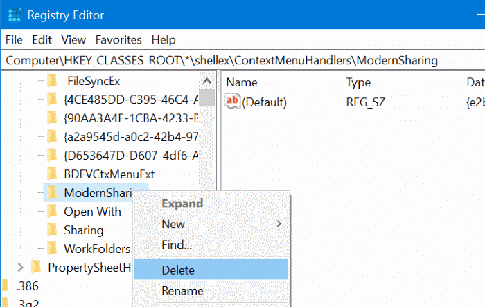 Remover a opção Compartilhar do menu do botão direito do mouse no Windows 10