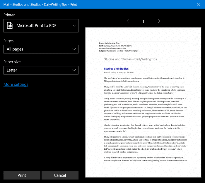 Salve e-mails como PDFs no Windows 10