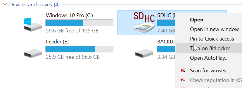 Criptografar cartões SD usando o BitLocker no Windows 10