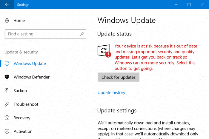 Seu dispositivo está em risco porque está desatualizado no Windows 10