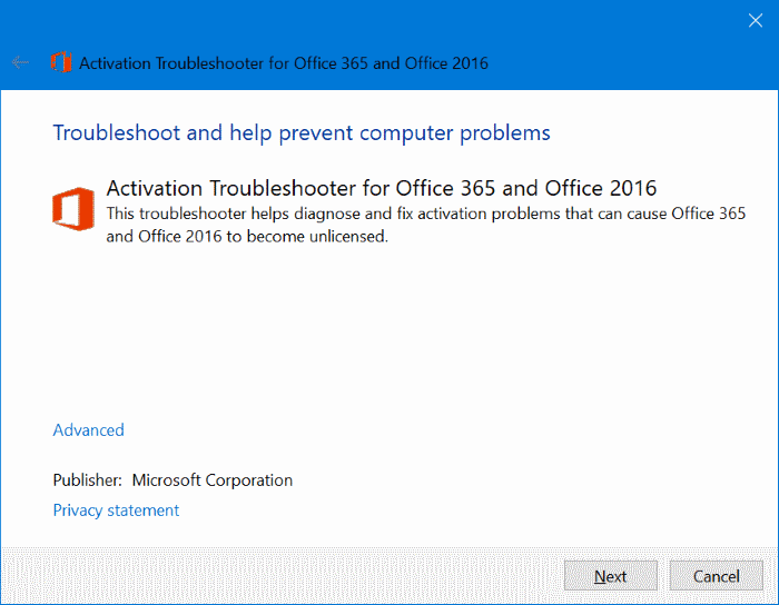 Solucionador de problemas de ativação do Office 365/2019/2016