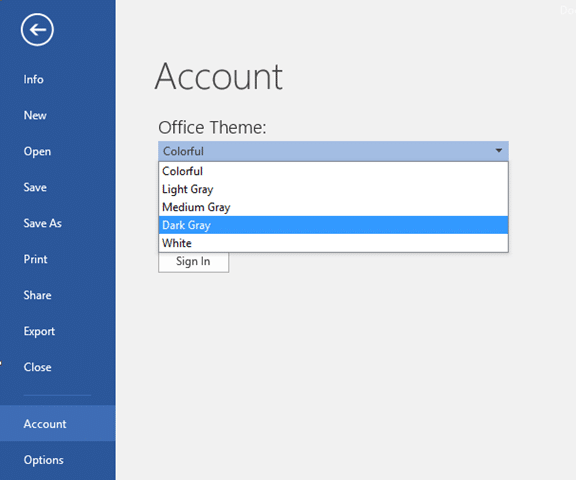 Habilitar tema cinza escuro no Office 2016