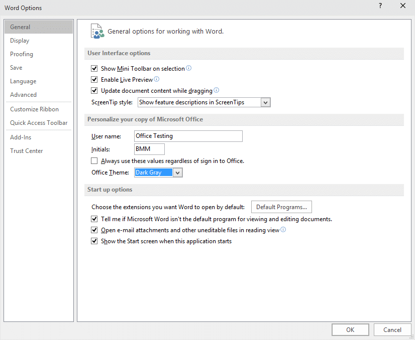 Habilitar tema cinza escuro no Office 2016