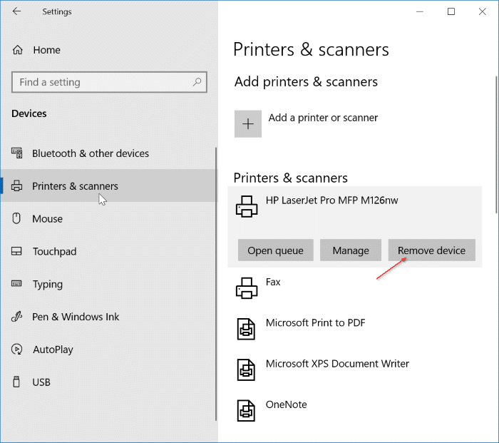 Remova e adicione o scanner/impressora no Windows 10