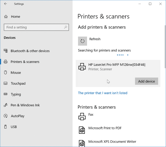 Remova e adicione o scanner/impressora no Windows 10