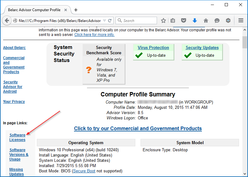 Veja a chave de produto do Windows 10 usando o Belarc Advisor