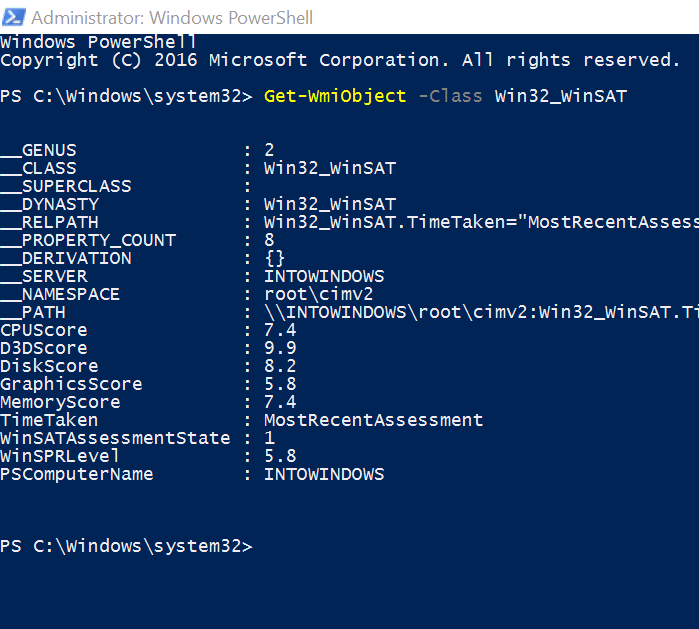 Use o PowerShell para visualizar a pontuação WEI