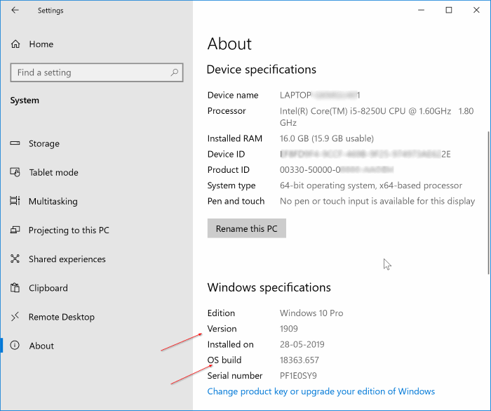 Verifique o número de compilação e versão do Windows 10 2 Verifique o número da sua versão do Windows 10 em Configurações