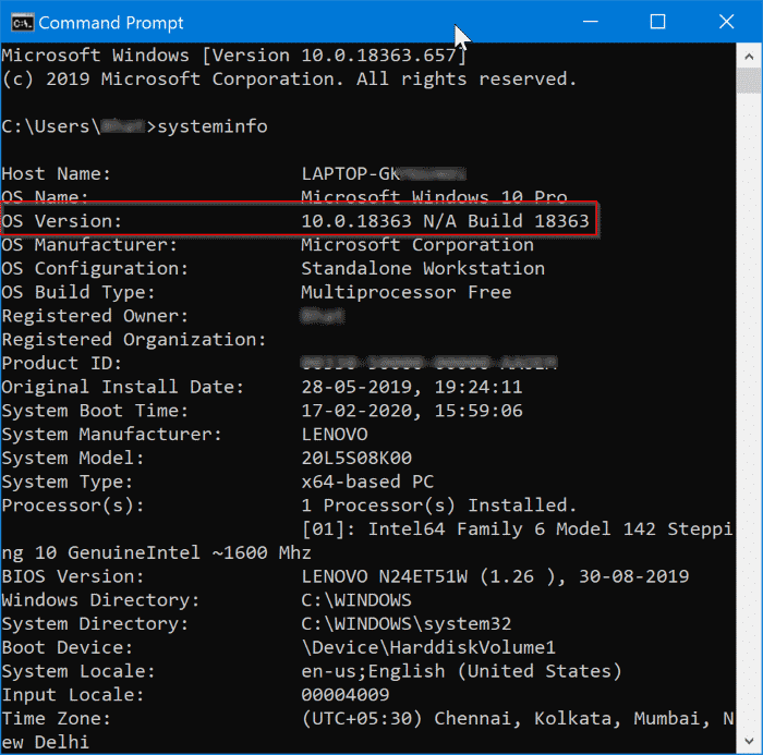 Verifique o número de compilação e versão do Windows 10 3 Verifique o número de compilação do Windows 10 por meio do prompt de comando