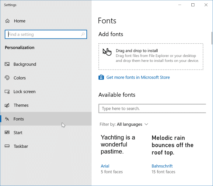 Acessar fontes e configurações de fonte no Windows 10