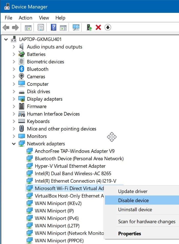 Desativar o adaptador virtual Microsoft Wi-Fi Direct